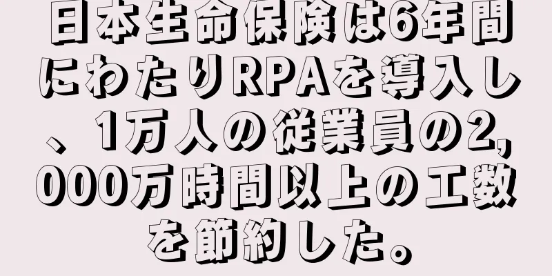 日本生命保険は6年間にわたりRPAを導入し、1万人の従業員の2,000万時間以上の工数を節約した。