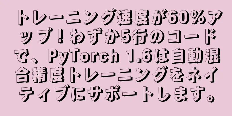トレーニング速度が60%アップ！わずか5行のコードで、PyTorch 1.6は自動混合精度トレーニングをネイティブにサポートします。