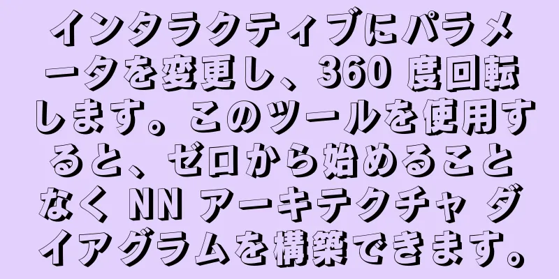 インタラクティブにパラメータを変更し、360 度回転します。このツールを使用すると、ゼロから始めることなく NN アーキテクチャ ダイアグラムを構築できます。