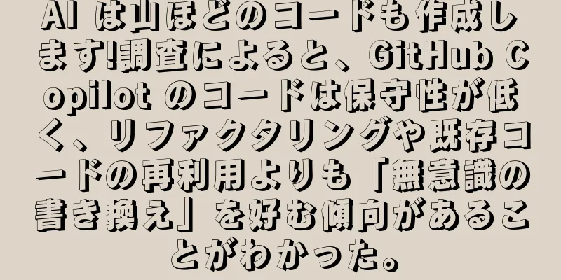 AI は山ほどのコードも作成します!調査によると、GitHub Copilot のコードは保守性が低く、リファクタリングや既存コードの再利用よりも「無意識の書き換え」を好む傾向があることがわかった。